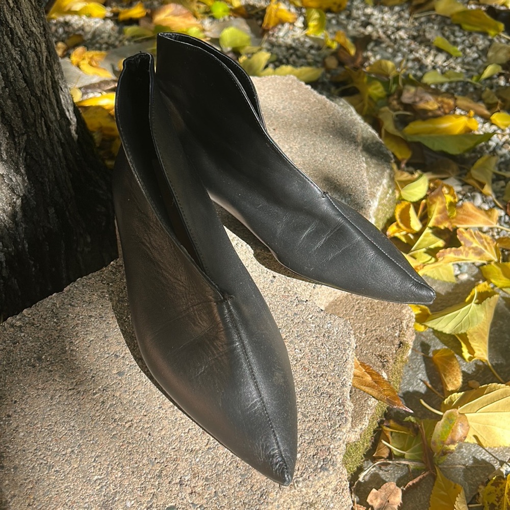 Zara Trafaluc black leather pointed toe split top ankle boots, women’s 38